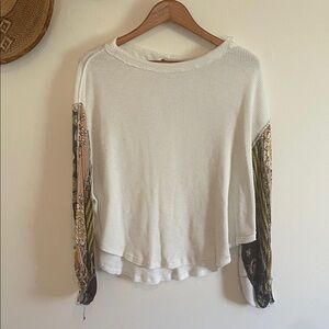 Free People Cream Waffle Knit Pullover with Printed Boho Sleeves